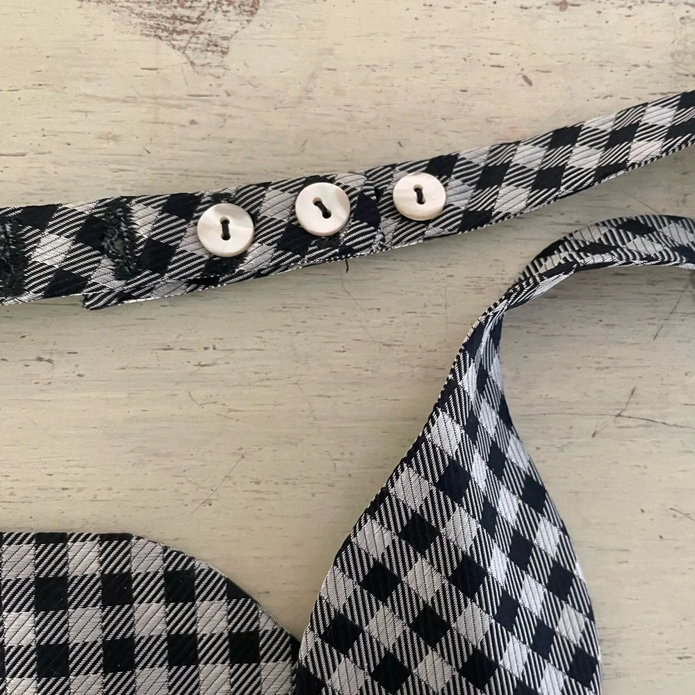 Neiman‎ Marcus Adjustable Button Check Print Silk Bow Tie in Black & Silver